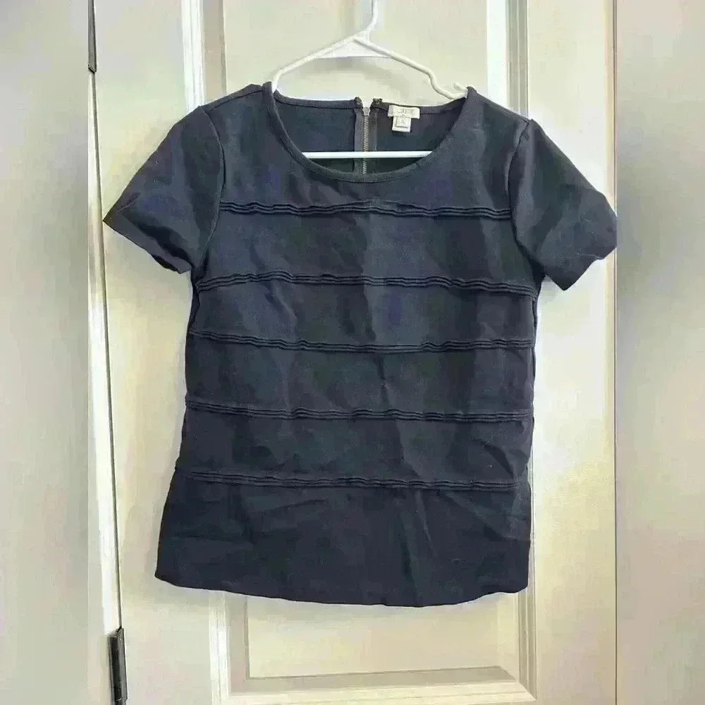 J Crew navy blue blouse/top with ruffles short sleeve Size small zips